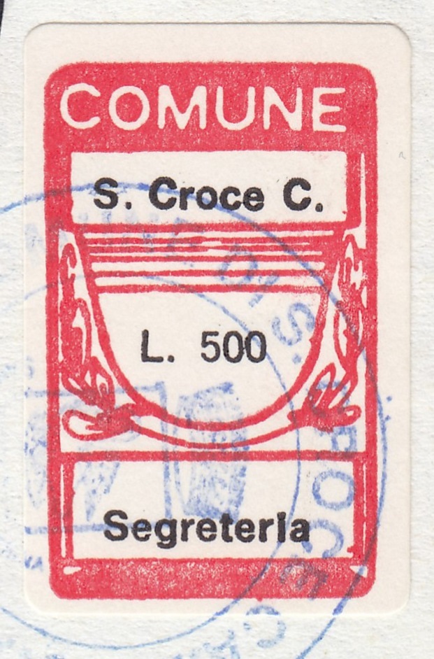 Marca da Bollo del Comune di SANTA CROCE CAMERINA su Carta Bianca Sottile di dimensioni 18 x 29,5 mm