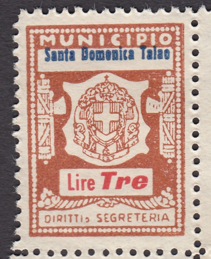 Marca da Bollo del Comune di SANTA DOMENICA TALAO su Carta Bianca di dimensioni 20,5 x 27,5 mm