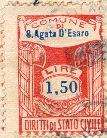 Marca da Bollo del Comune di SANT´AGATA DI ESARO su Carta Bianca di dimensioni 20 x 28,5 mm