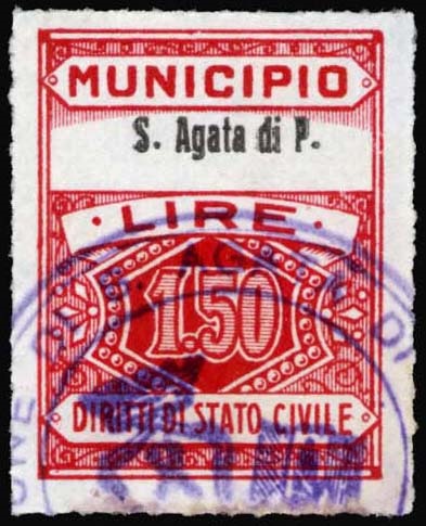 Marca da Bollo del Comune di SANT´AGATA DI PUGLIA su Carta Bianca Sottile di dimensioni 22,5 x 29 mm