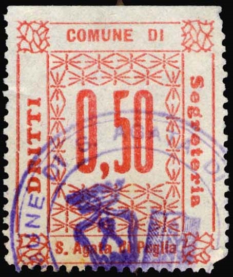 Marca da Bollo del Comune di SANT´AGATA DI PUGLIA su Carta Bianca di dimensioni 21 x 28 mm