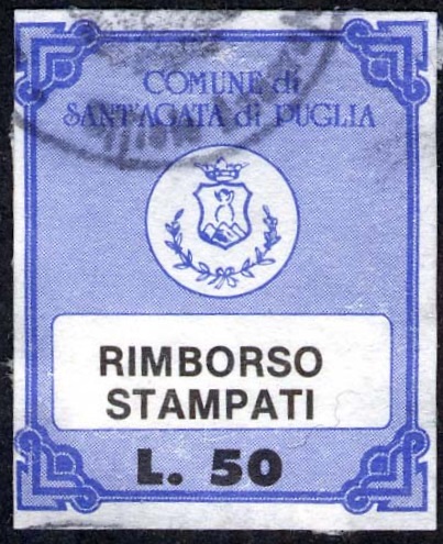 Marca da Bollo del Comune di SANT´AGATA DI PUGLIA su Carta Bianca di dimensioni 25 x 29,5 mm