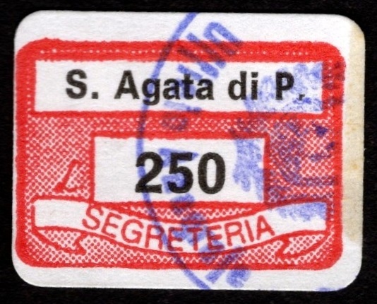 Marca da Bollo del Comune di SANT´AGATA DI PUGLIA su Carta Bianca di dimensioni 19 x 13 mm