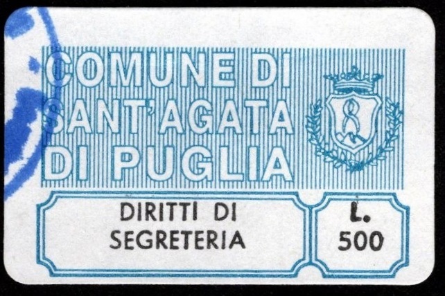 Marca da Bollo del Comune di SANT´AGATA DI PUGLIA su Carta Bianca di dimensioni 24 x 16 mm