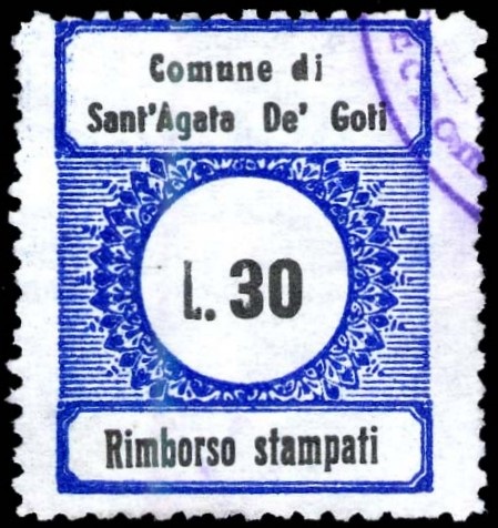 Marca da Bollo del Comune di SANT´AGATA DE GOTI su Carta Bianca di dimensioni 23 x 28 mm