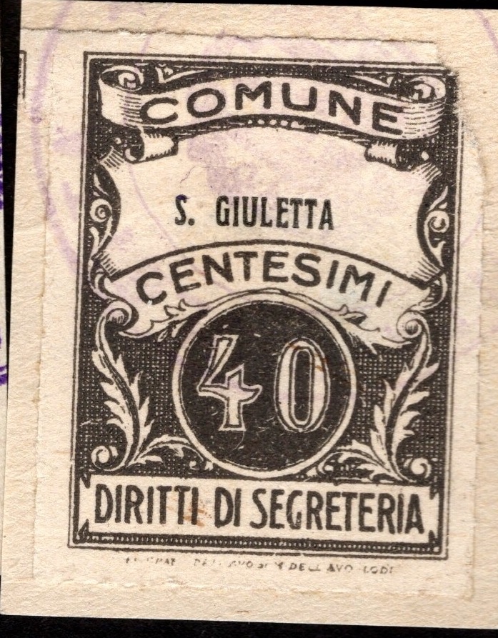 Marca da Bollo del Comune di SANTA GIULETTA su Carta Bianca di dimensioni 22 x 31 mm