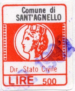 Marca da Bollo del Comune di SANT´AGNELLO su Carta Bianca di dimensioni 16 x 20 mm