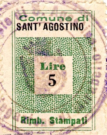 Marca da Bollo del Comune di SANT´AGOSTINO su Carta Bianca di dimensioni 19,5 x 29 mm