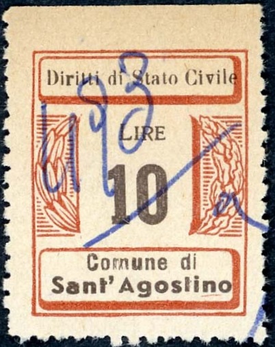 Marca da Bollo del Comune di SANT´AGOSTINO su Carta Bianca di dimensioni 21 x 26,5 mm