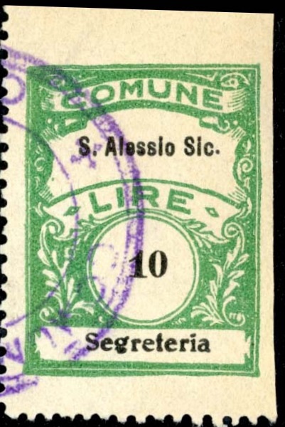 Marca da Bollo del Comune di SANT´ALESSIO SICULO su Carta Bianca Sottile di dimensioni 22,5 x 29 mm
