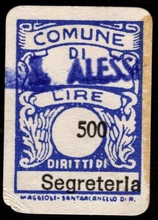 Marca da Bollo del Comune di SANT´ALESSIO SICULO su Carta Bianca di dimensioni 14 x 20 mm