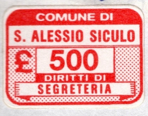 Marca da Bollo del Comune di SANT´ALESSIO SICULO su Carta Bianca di dimensioni 21 x 14 mm