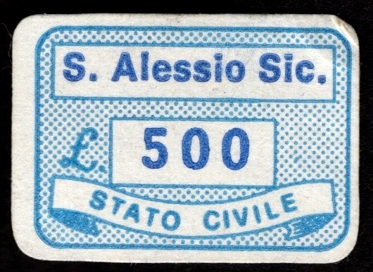 Marca da Bollo del Comune di SANT´ALESSIO SICULO su Carta Bianca di dimensioni 20 x 14 mm