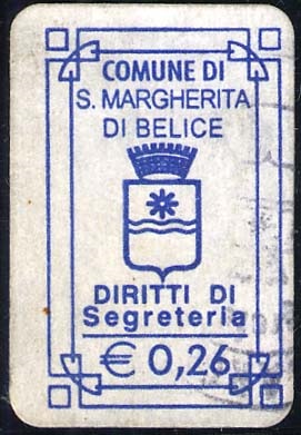 Marca da Bollo del Comune di SANTA MARGHERITA DI BELICE su Carta Bianca di dimensioni 20 x 31 mm