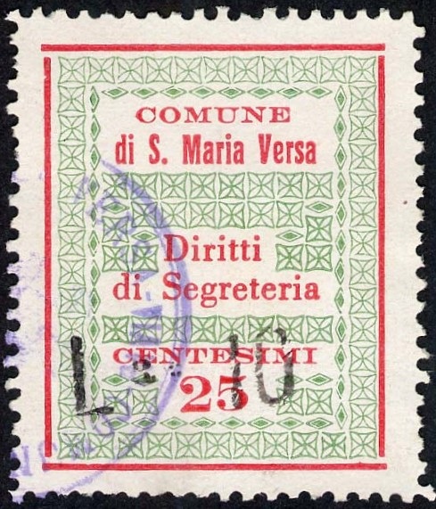 Marca da Bollo del Comune di SANTA MARIA DELLA VERSA su Carta Bianca di dimensioni 26 x 33 mm