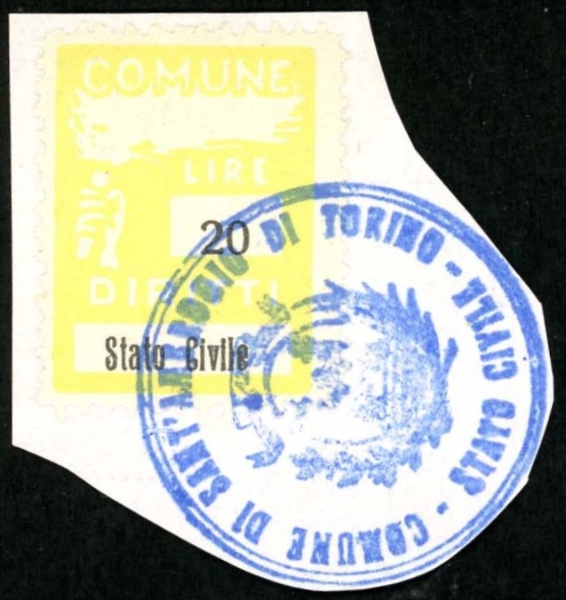 Marca da Bollo del Comune di SANT´AMBROGIO DI TORINO su Carta Bianca Sottile di dimensioni 18,5 x 26 mm