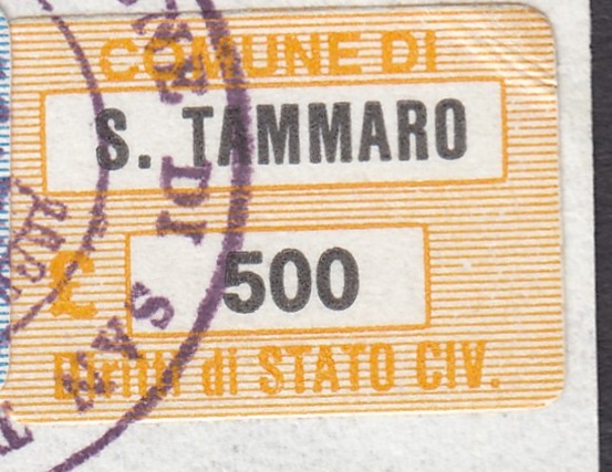 Marca da Bollo del Comune di SAN TAMMARO su Carta Bianca di dimensioni 21 x 15 mm