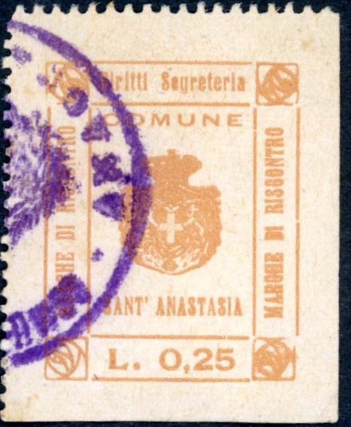 Marca da Bollo del Comune di SANT´ANASTASIA su Carta Bianca di dimensioni 24,5 x 31,5 mm