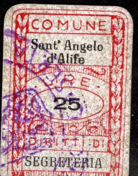 Marca da Bollo del Comune di SANT´ANGELO D´ALIFE su Carta Bianca di dimensioni 15 x 24 mm