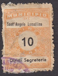 Marca da Bollo del Comune di SANT´ANGELO LOMELLINA su Carta Bianca Sottile di dimensioni 22,5 x 28,5 mm