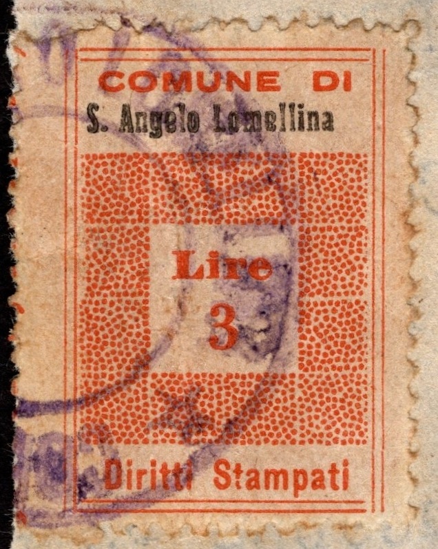 Marca da Bollo del Comune di SANT´ANGELO LOMELLINA su Carta Bianca Sottile di dimensioni 22 x 29 mm