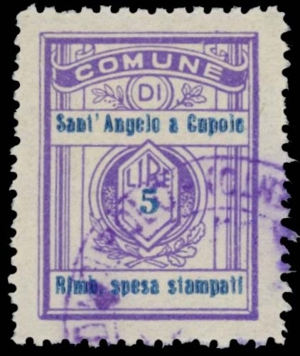 Marca da Bollo del Comune di SANT´ANGELO A CUPOLO su Carta Bianca di dimensioni 21,5 x 28,5 mm