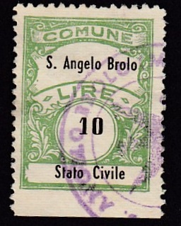 Marca da Bollo del Comune di SANT´ANGELO DI BROLO su Carta Bianca di dimensioni 22 x 29 mm