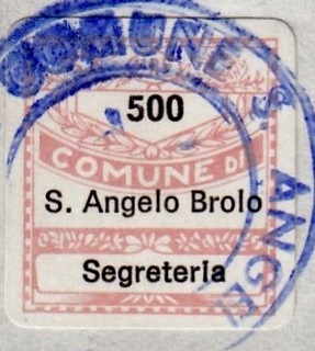 Marca da Bollo del Comune di SANT´ANGELO DI BROLO su Carta Bianca di dimensioni 19 x 21 mm