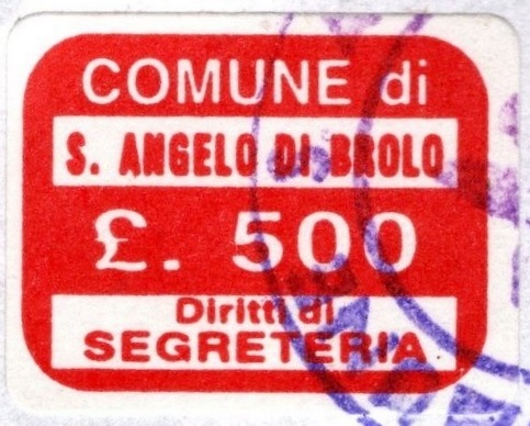 Marca da Bollo del Comune di SANT´ANGELO DI BROLO su Carta Bianca di dimensioni 23 x 15 mm