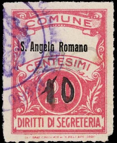Marca da Bollo del Comune di SANT´ANGELO ROMANO su Carta Bianca Sottile di dimensioni 22,5 x 29,5 mm