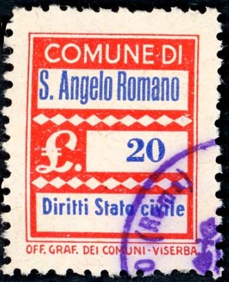 Marca da Bollo del Comune di SANT´ANGELO ROMANO su Carta Bianca di dimensioni mm