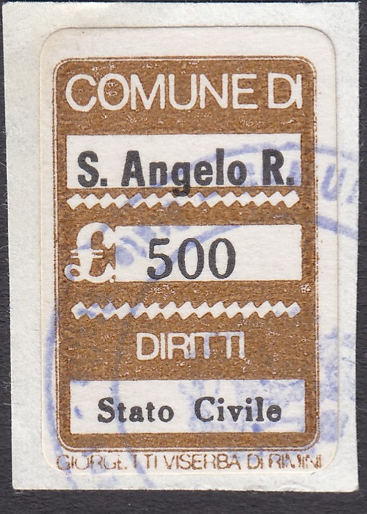 Marca da Bollo del Comune di SANT´ANGELO ROMANO su Carta Bianca di dimensioni 16 x 25 mm