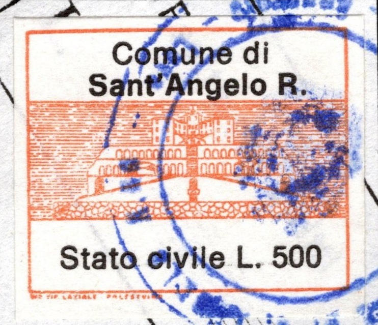Marca da Bollo del Comune di SANT´ANGELO ROMANO su Carta Bianca di dimensioni 24 x 19,5 mm