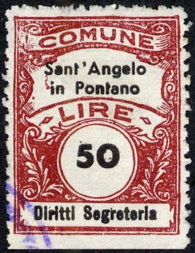 Marca da Bollo del Comune di SANT´ANGELO IN PONTANO su Carta Bianca di dimensioni 22,5 x 29 mm