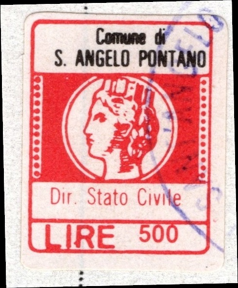 Marca da Bollo del Comune di SANT´ANGELO IN PONTANO su Carta Bianca di dimensioni 15,5 x 20 mm