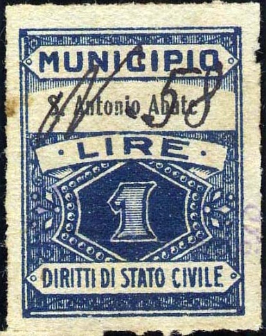 Marca da Bollo del Comune di SANT´ANTONIO ABATE su Carta Bianca di dimensioni 22,5 x 29 mm