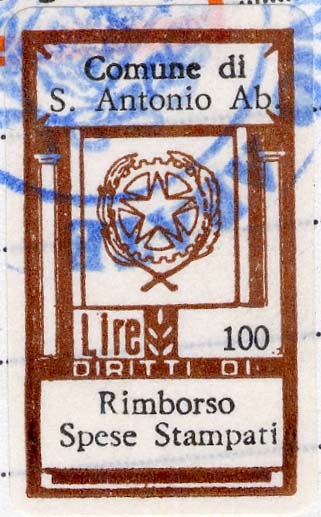 Marca da Bollo del Comune di SANT´ANTONIO ABATE su Carta Bianca di dimensioni 19 X 32,5 mm