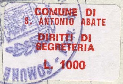 Marca da Bollo del Comune di SANT´ANTONIO ABATE su Carta Bianca di dimensioni 18 x 14 mm