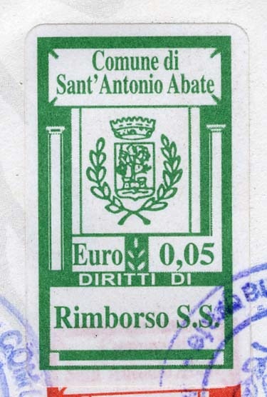 Marca da Bollo del Comune di SANT´ANTONIO ABATE su Carta Bianca di dimensioni 19 X 32,5 mm