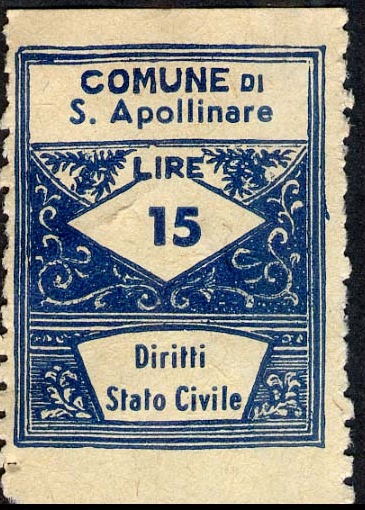 Marca da Bollo del Comune di SANT´APOLLINARE su Carta Bianca di dimensioni 22,5 x 28 mm