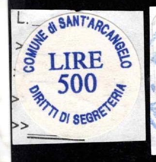 Marca da Bollo del Comune di SANT´ARCANGELO su Carta Bianca di dimensioni 20 x 20 mm