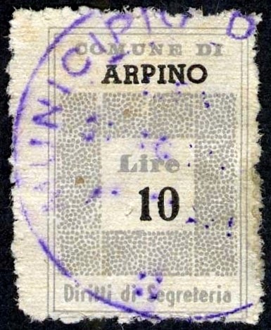 Marca da Bollo del Comune di SANT´ARPINO su Carta Bianca Sottile di dimensioni 19,5 x 28,5 mm