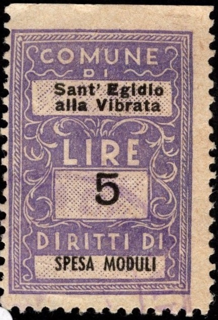 Marca da Bollo del Comune di SANT´EGIDIO ALLA VIBRATA su Carta Bianca di dimensioni 22 X 33 mm