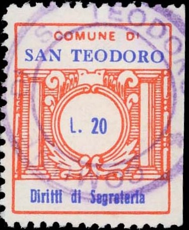 Marca da Bollo del Comune di SAN TEODORO MESSINA su Carta Bianca di dimensioni 21 x 25 mm