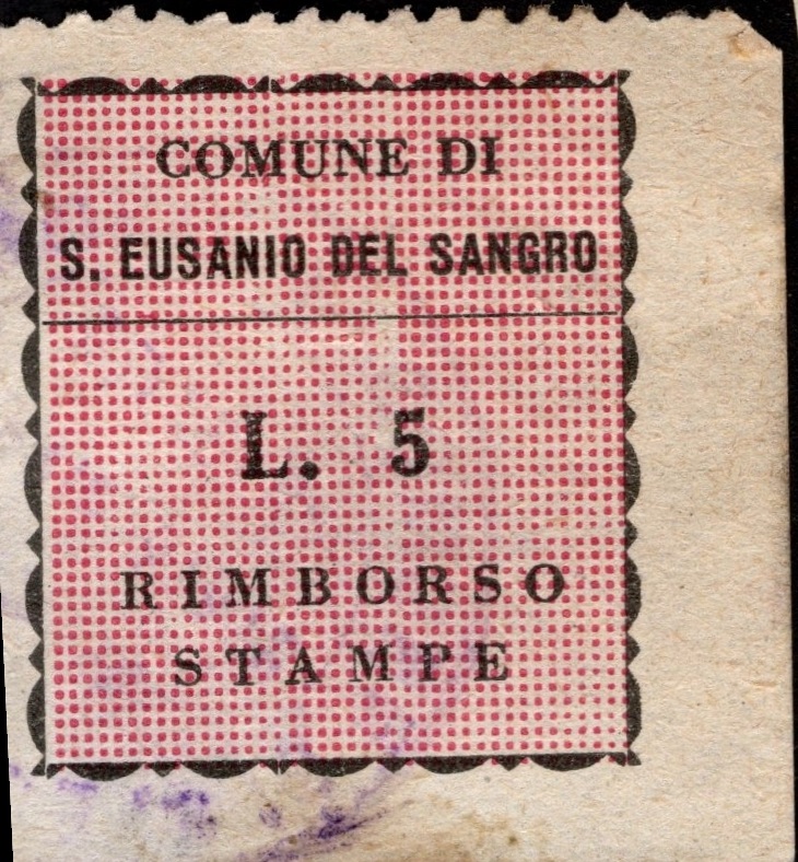 Marca da Bollo del Comune di SANT´EUSANIO DEL SANGRO su Carta Bianca di dimensioni 20 x 30 mm