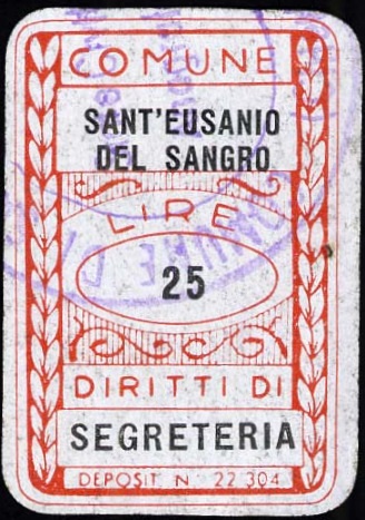 Marca da Bollo del Comune di SANT´EUSANIO DEL SANGRO su Carta Bianca di dimensioni 14 x 22 mm