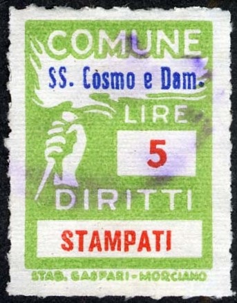 Marca da Bollo del Comune di SANTI COSMA E DAMIANO su Carta Bianca di dimensioni 18,5 x 26 mm