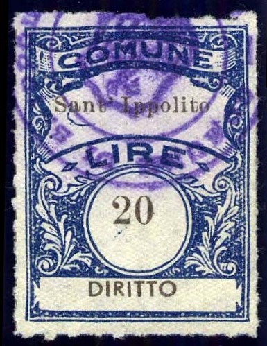Marca da Bollo del Comune di SANT´IPPOLITO su Carta Bianca Sottile di dimensioni 18,5 x 26 mm