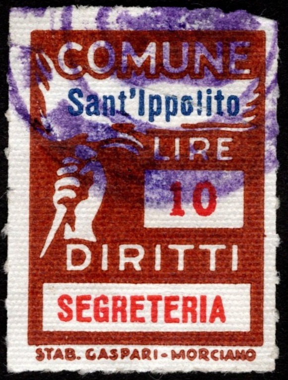 Marca da Bollo del Comune di SANT´IPPOLITO su Carta Bianca di dimensioni 28 x 26 mm