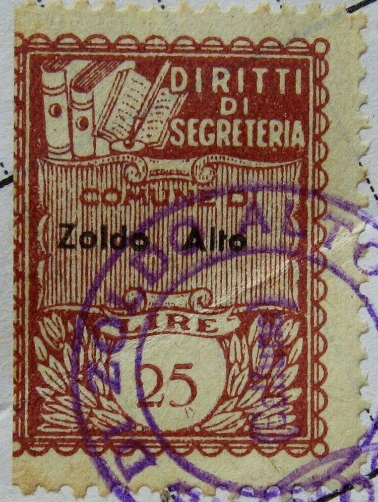 Marca da Bollo del Comune di ZOLDO ALTO su Carta Bianca di dimensioni 22,5 x 29 mm